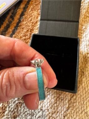 Sterling Silver Oval  Ring 1carate Moissanite with Crushed Turquoise Inlay
